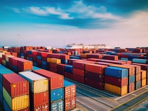 storage containers waiting to be imported or exported on a harbour dock. cargo delivered by goods for customs examination prior to distribution shipment. Logistical maritime
